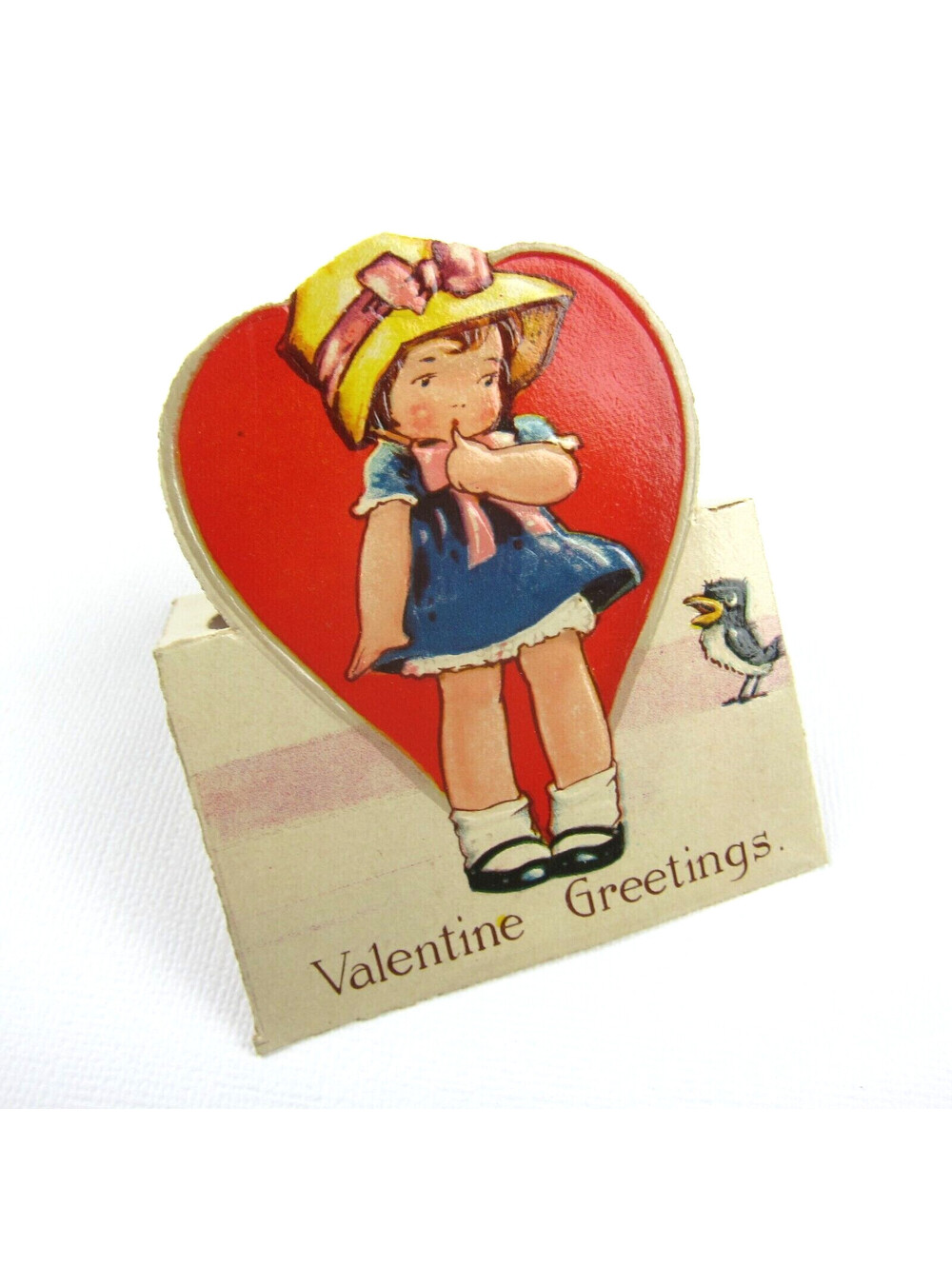 Vintage Valentine Card Cutout Stand Up Girl Straw Hat Blue Dress Bird UNSIGNED